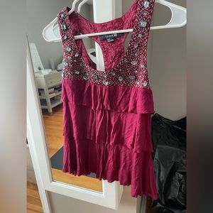 Forever 21 Burgundy Red Embellished Ruffle Top (Size small)